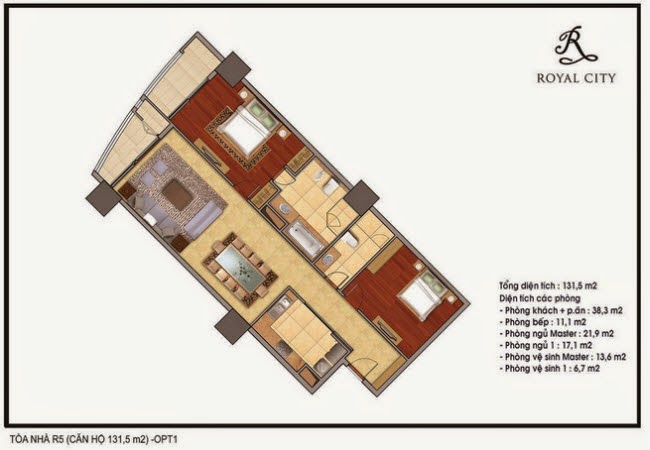 Mặt bằng căn 12A, 15 tòa R4, diện tích 131.5m2, 2 phòng ngủ