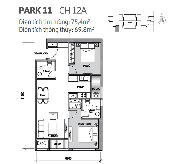 Căn hộ 12A Park 11, diện tích 75.4m2, thiết kế 2 phòng ngủ