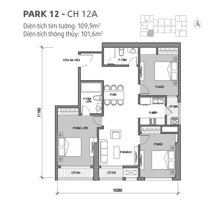 Căn hộ 12A tòa Park 12, diện tích 109.9m2, thiết kế 3 phòng ngủ