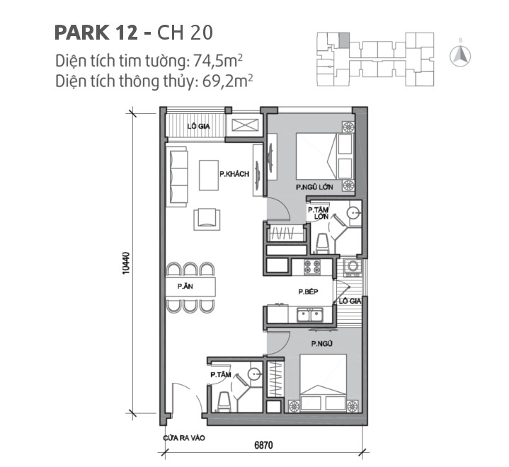 Căn hộ 20 tòa Park 12, diện tích 74.5m2, thiết kế 2 phòng ngủ